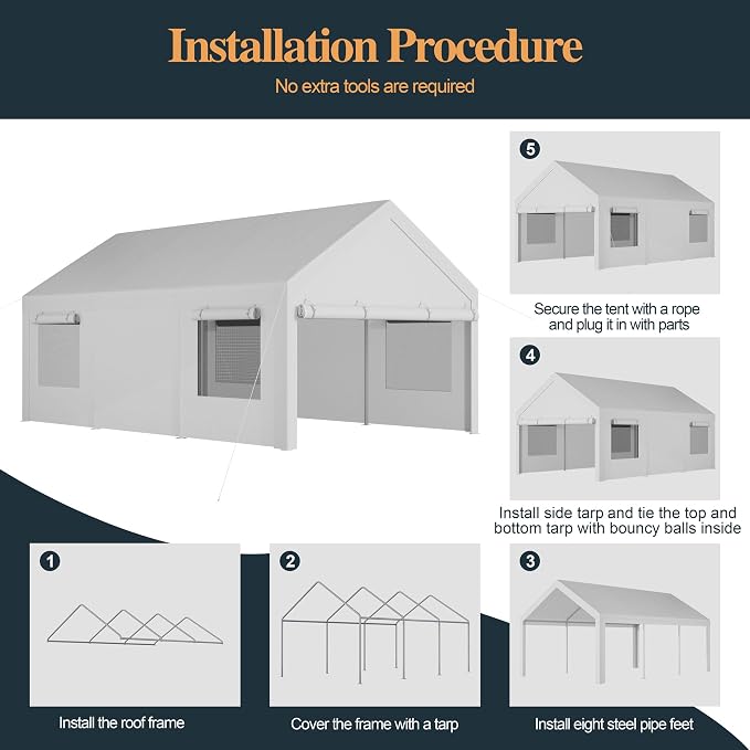 Shintenchi Carport 10' x 20' Heavy Duty Portable Garage, Car Port Canopy - Image 6