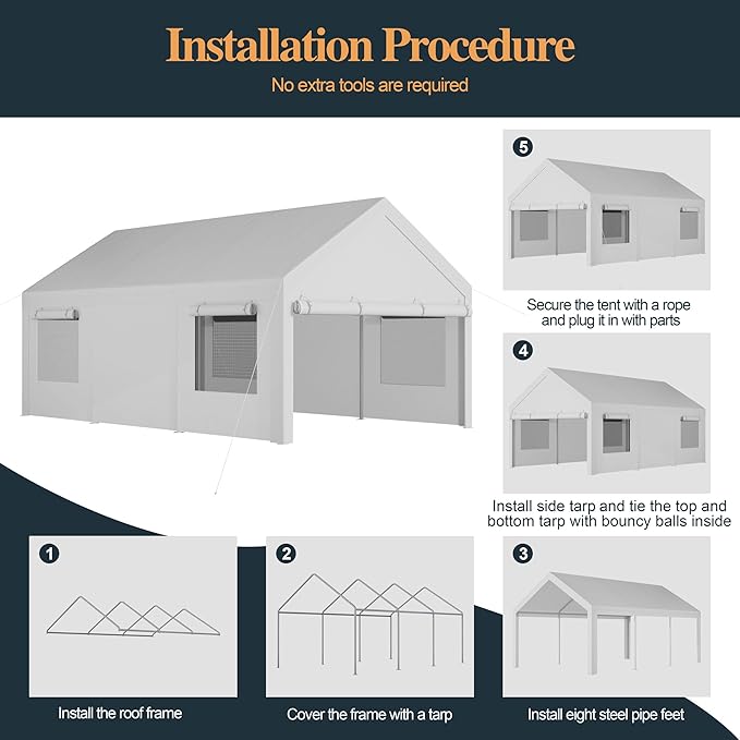 Shintenchi Carport 10' x 20' Heavy Duty Portable Garage, Car Port Canopy - Image 6