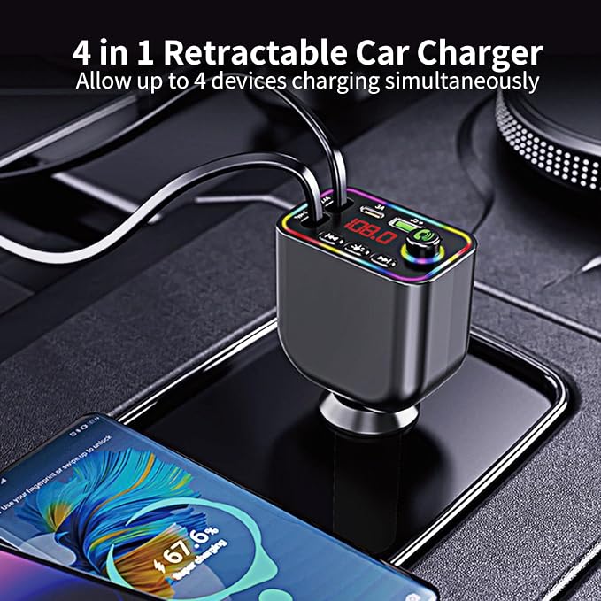 Vitog Retractable Car Charger, Wireless Bluetooth 5.3 FM Transmitter 100W USB C - Image 6