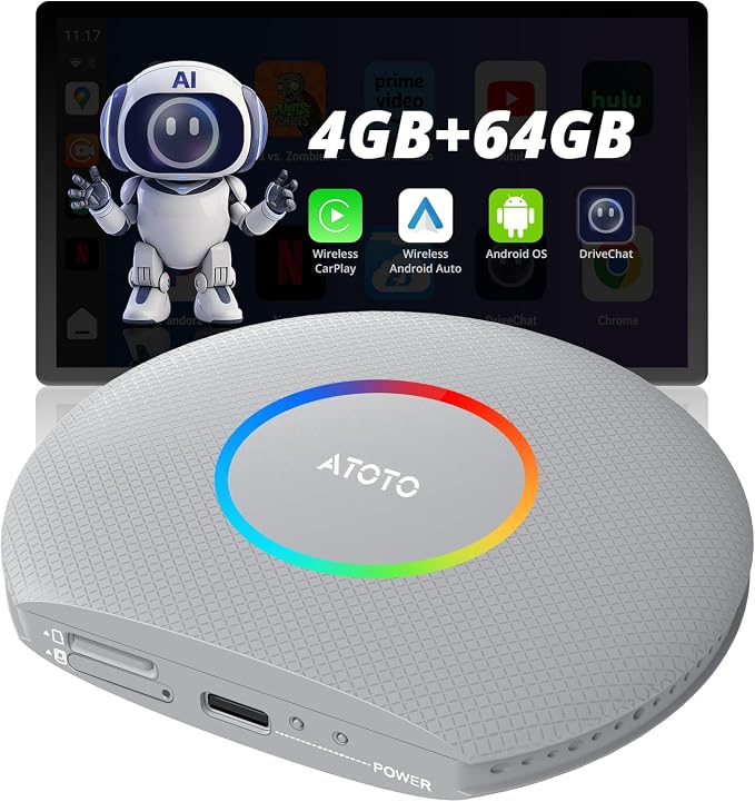 CB6 CarPlay AI Box & Android AI Box, Wireless CarPlay/AndroidAuto Adapter by ATOTOZONE