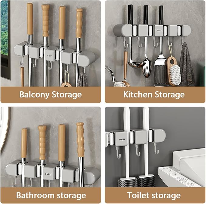 2Pcs Broom Mop Holder with Hooks Wall Mounted Broom Storage Rack No Drilling - Image 3