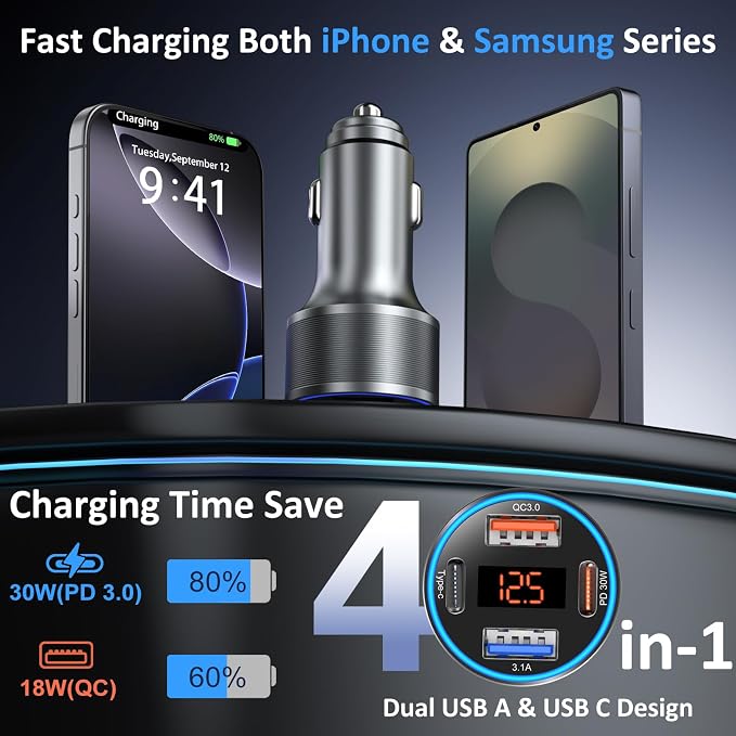 Car Charger USB C, 65W Dual 12V Cigarette Lighter USB Car Adapter - Image 2