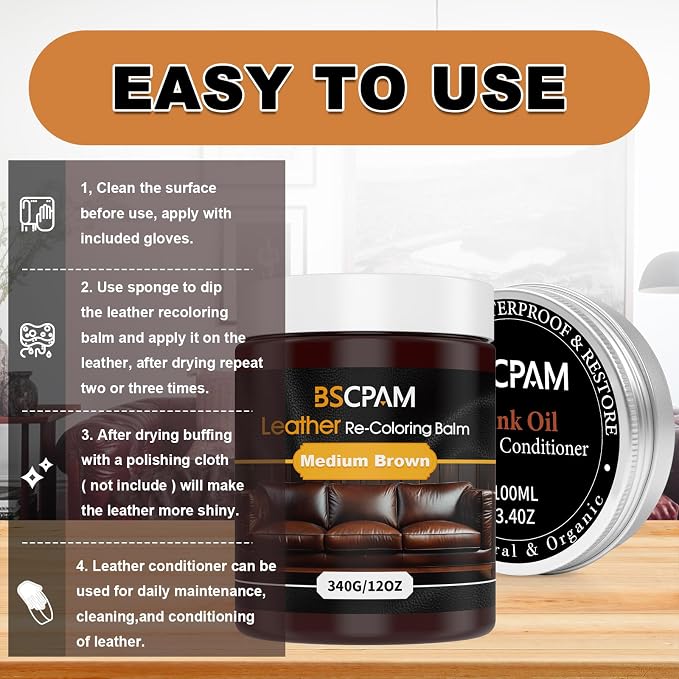 12oz Leather Recoloring Balm & 3.4oz Mink Oil Leather Conditioner kit, Medium - Image 5