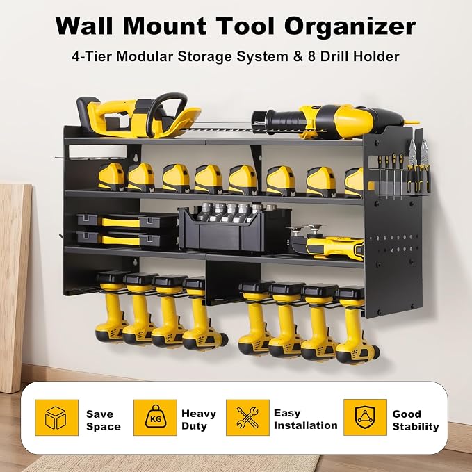 oviitech Power Tool Organizer Wall Mount, 8 Drill Holder Wall Mount Loads 400lbs - Image 2