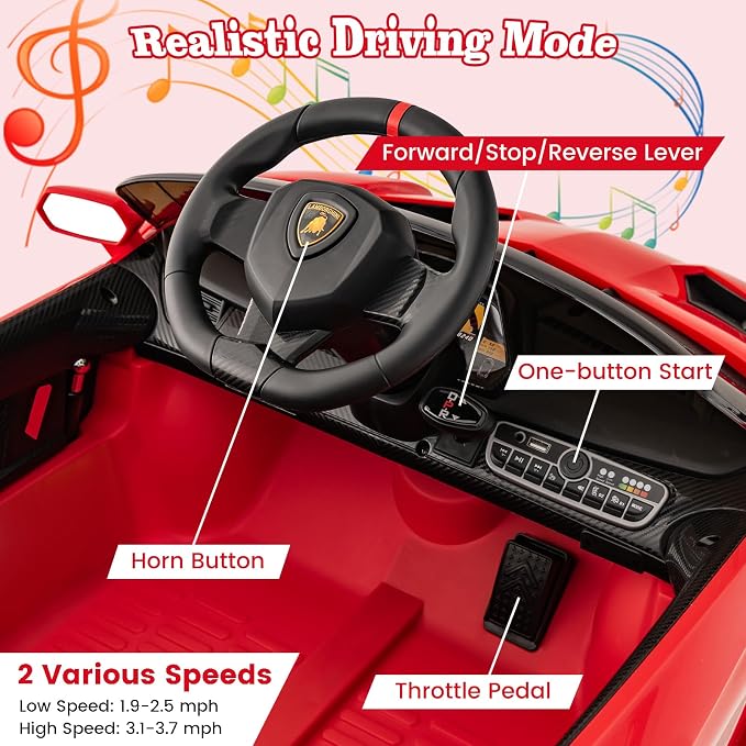 Costzon Ride on Car, Lamborghini Licensed 12V Battery Powered 4WD Sports Car - Image 2