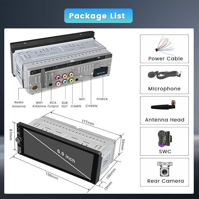 Single Din Car Stereo with Apple Carplay Android Auto, 6.9 Inch IPS Touch - Image 8