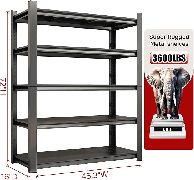 45.3" W Metal Garage Shelving Unit 3500LBS Metal Storage Shelves 5 Tier - Image 2