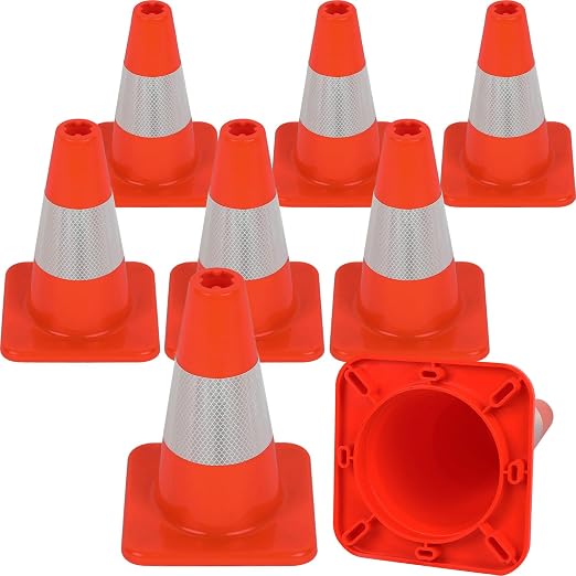 8 Pack All-PVC 1-Piece Traffic Cones, 360° Visible Fluorescent Orange-Red by OranLite