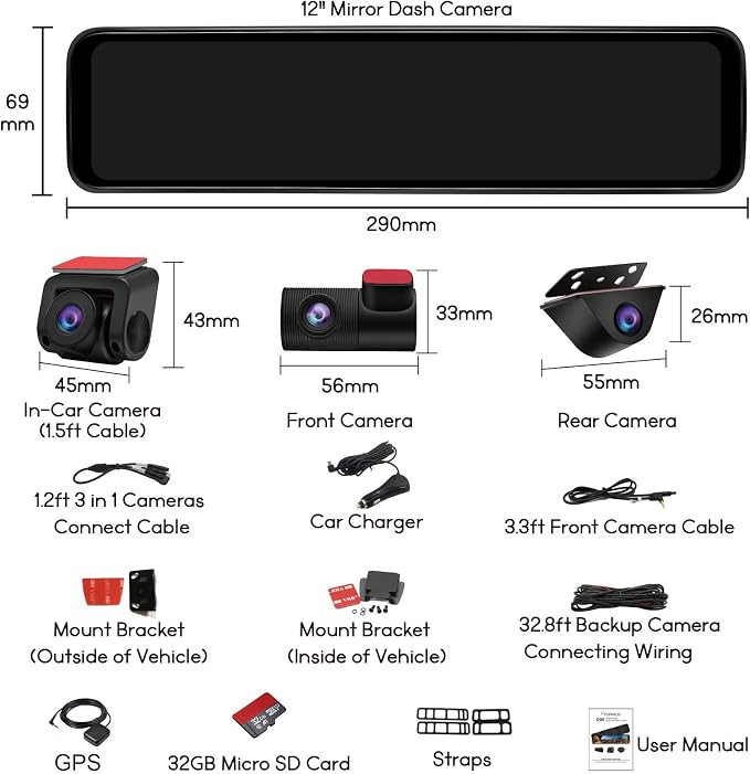 PORMIDO Triple Mirror Dash Cam 12" - Image 9