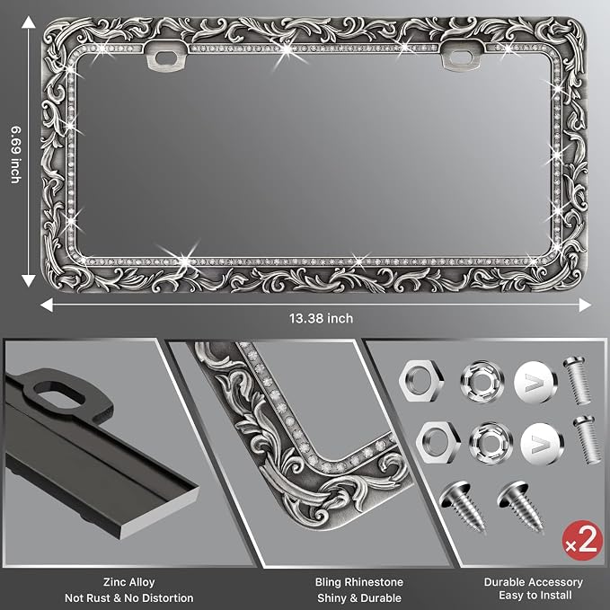 Valor Metal Car License Plate Frames, Antique Old Pattern Printing, Bling - Image 4