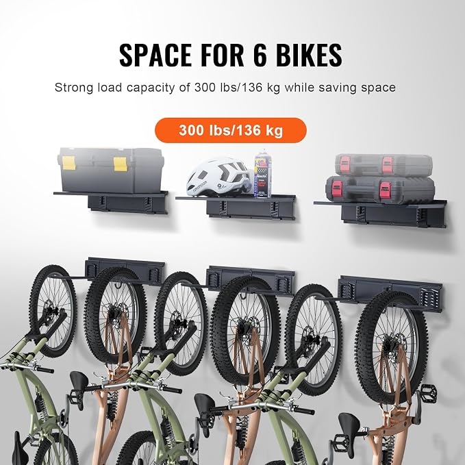 VEVOR Bike Storage Rack, 6 Bike Racks and 3 Helmets Hooks, Wall Mount Bike - Image 3