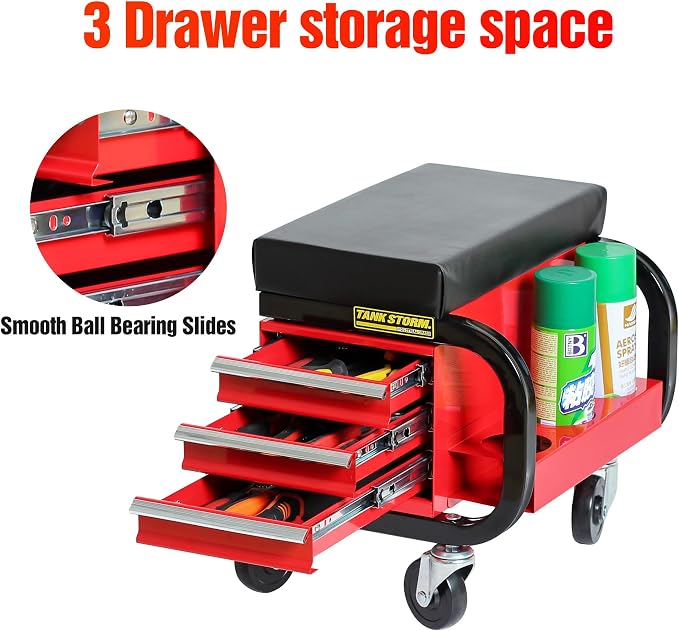 Tool Box Built-in Creeper Seat, Garage Shop Roller Seat, 3 Drawers Heavy Duty - Image 7