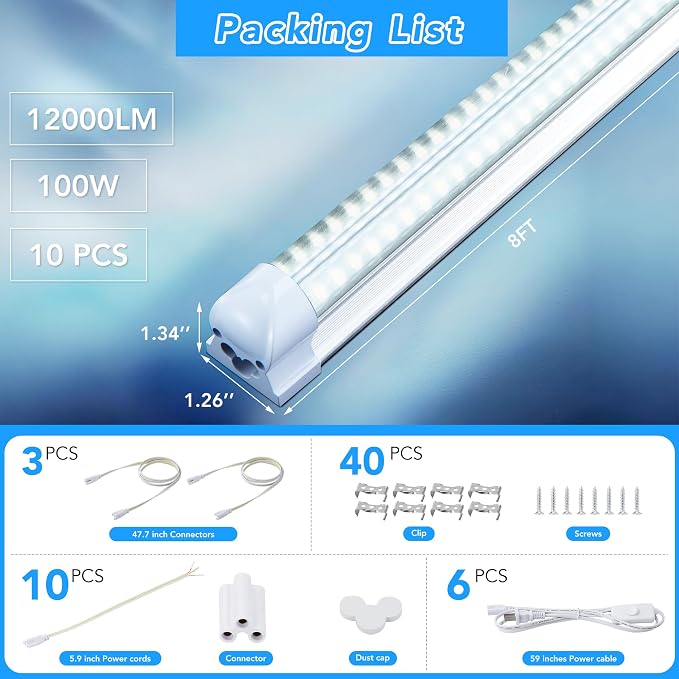 10 Pack 8FT T8 LED Shop Lights, 100W Integrated Tube Light, 19200LM 6000-6500K - Image 5