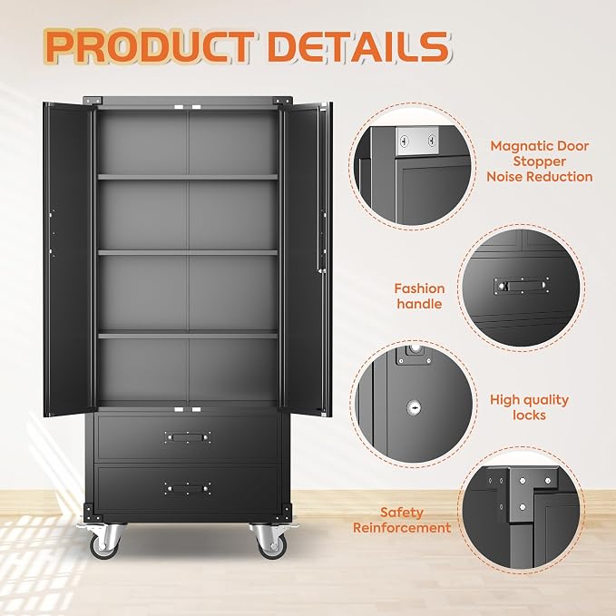 Rolling Storage Cabinet with 2 Doors and 2 Drawers, Heavy Duty Metal Storage - Image 4