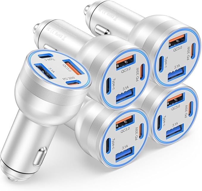 65W Car Phone Charger USB C, 5 Pack 4-Port Cigarette Lighter Adapter, 12V USB C by Avatcen