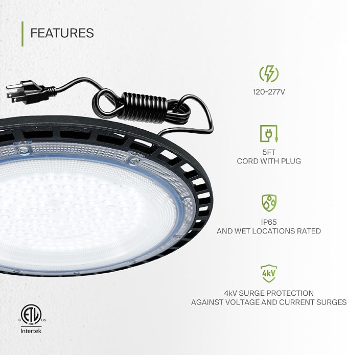 ASD LED High Bay UFO Light Fixture, Commercial Shop Lighting | Plug & Play Cable - Image 3