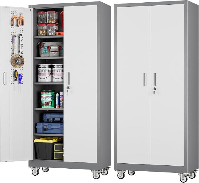 Metal Garage Cabinet with Wheels and Pegboard 71'' x 32'' x 16'', Lockable by SUXXANFurniture