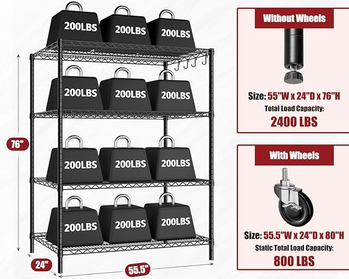 PrimeZone 5 Packs 55.5" W x 24" D x 80" H Heavy Duty Wire Storage Shelves - Image 3