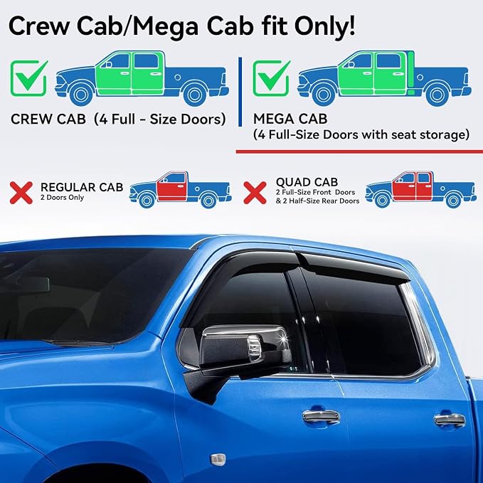 Window Visors Rain Guards for 2009-2018 Ram 1500 Crew/Mega Cab/Full-Size Cab - Image 2