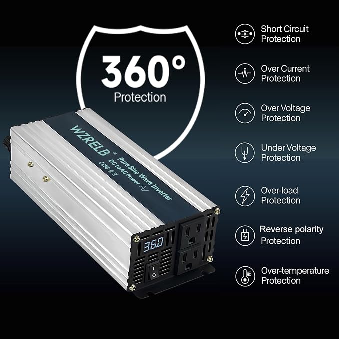 WZRELB 1200W Pure Sine Wave Inverter 36V DC to 110V 120V AC Power Converter - Image 2