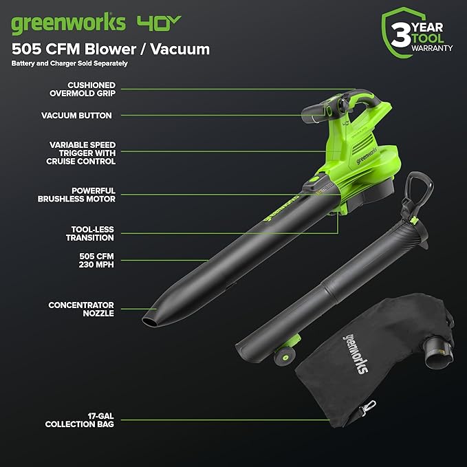 Greenworks 40V Cordless Brushless Leaf Blower/Vacuum - Image 2