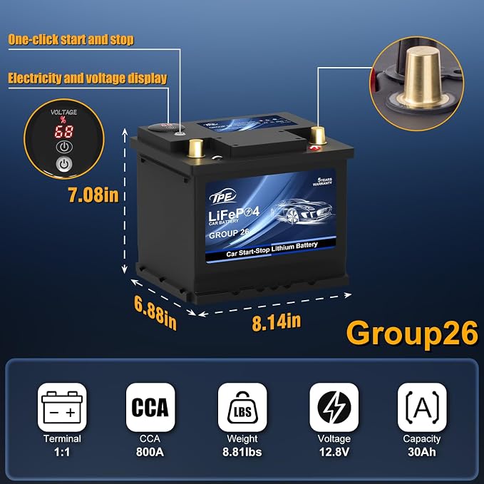 TPE Car Start Stop System BCI Group26 LiFePO4 Lithium-ion Battery 12.8V 800A - Image 2