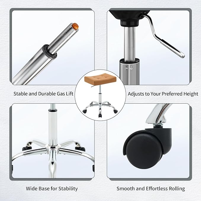 Office Stool with Wheels Brown Faux Leather Workbench Stool - Image 5
