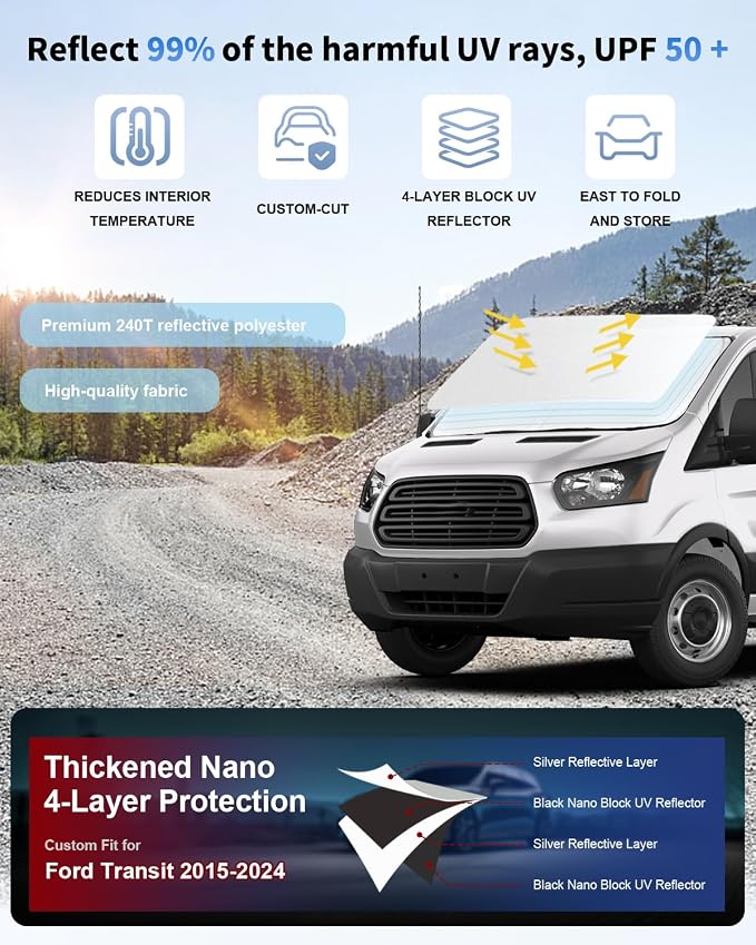 Sunshade for Transit Windshield Sun Shade Custom Sun Visor Fit 2015-2025 2026 - Image 2