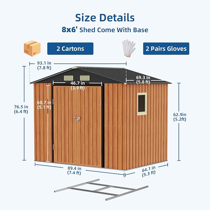 8x6FT Outdoor Storage Shed, Metal Garden Shed - Image 3