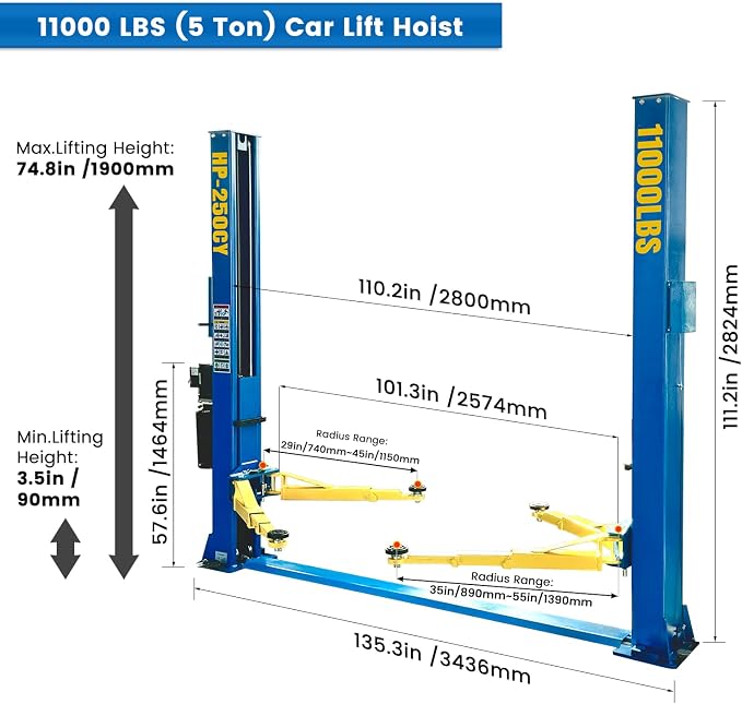 110V Two Post Car Lift 11, 000 LBS Heavy Duty Floor Plate 2 Posts Auto Hoist - Image 2