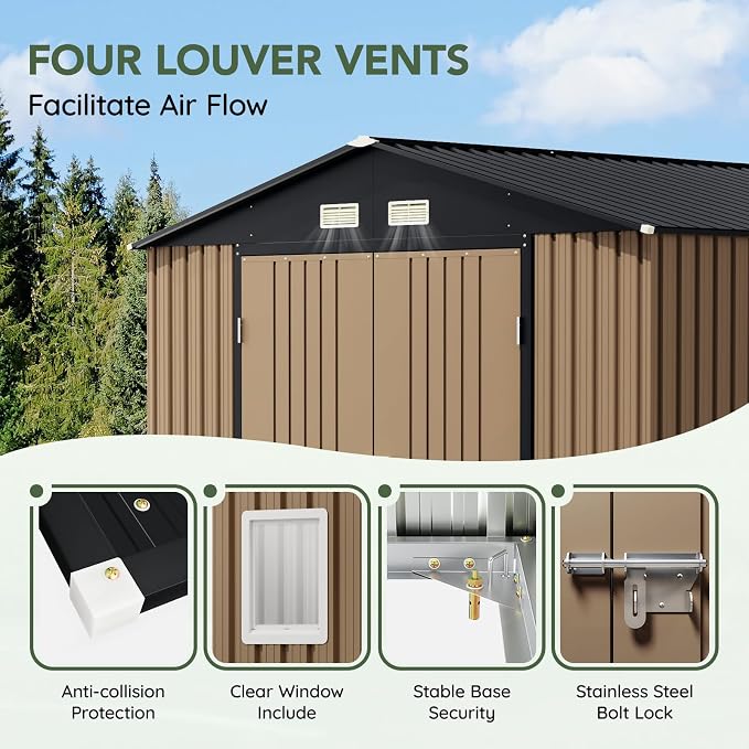 10x10 FT Outdoor Metal Storage Shed, Double Swing Doors, 2 Clear Windows - Image 4