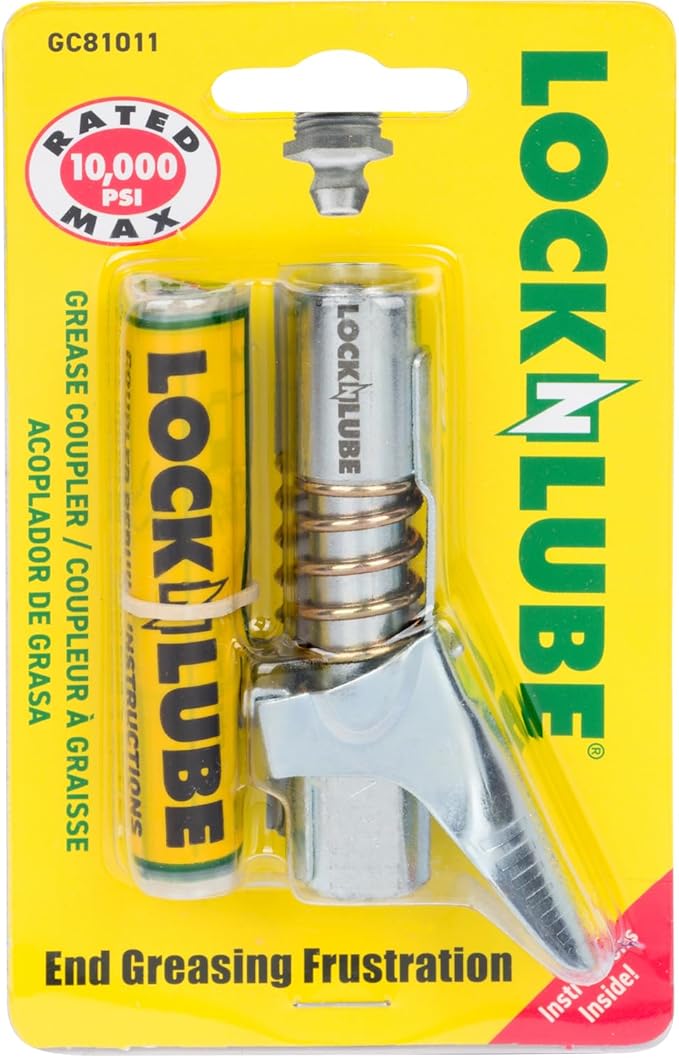 LockNLube Grease Gun Coupler locks onto Zerk fittings. Grease goes in, not on by LockNLube