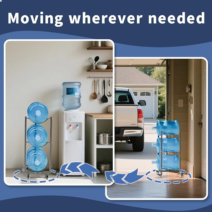Water Jug Holder with 4 Wheels: 3 Tier Movable Gallon Bottle Storage Rack - Image 3