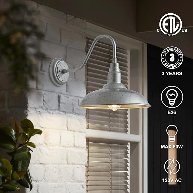 10'' Dome Outdoor Gooseneck Barn Light, Galvanized Steel Exterior Wall Lantern - Image 3