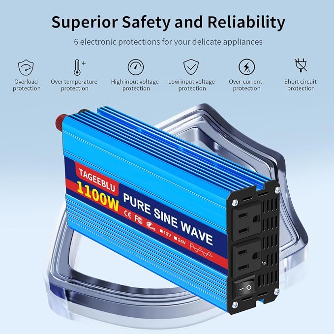 1100 Watt Pure Sine Wave Inverter, Solar Power Inverter, 12V DC to 110V AC - Image 3