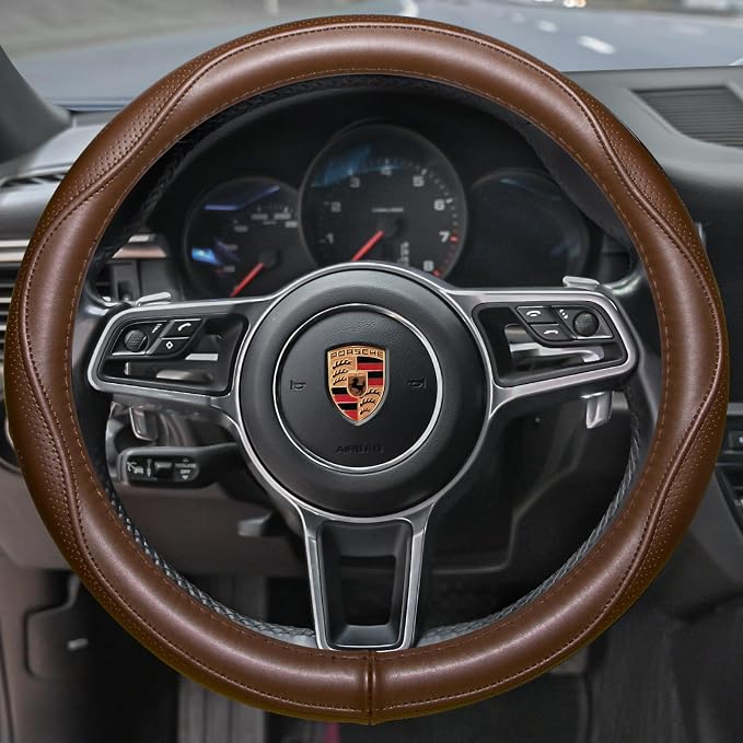 HAOKAY Top Grade Brown Genuine Leather Steering Wheel Cover Men Women, Luxury - Image 2