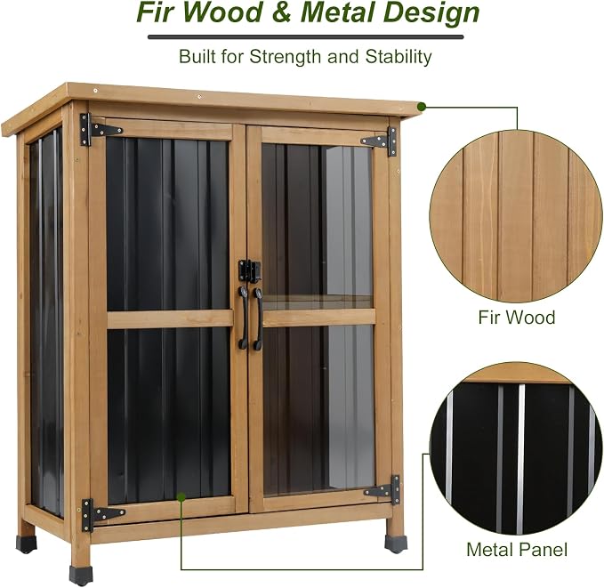 Outdoor Storage Cabinet Wood & Metal Small Storage Shed Waterproof Roof - Image 4