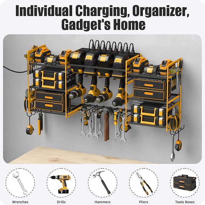 CCCEI Yellow Power Tool Organizer Wall Mount, Large Tools and Battery Storage - Image 7