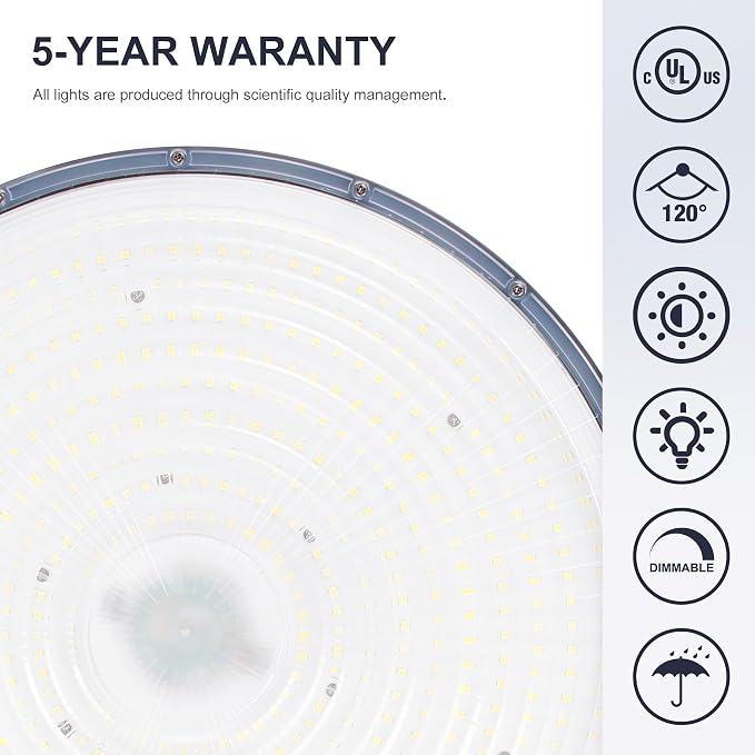 150W UFO-LED-High-Bay-Light, UL & DLC Listed 5000K Daylight 21000LM, 0-10V - Image 2