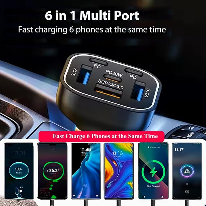 6 in 1 Multi Port USB C Car Charger Adapter PD 30W 6 Ports Super Fast Charging - Image 4