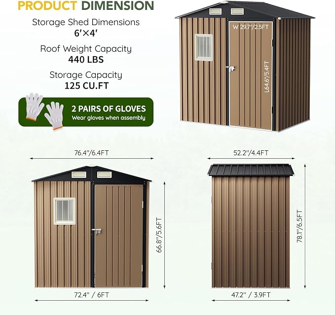 Breezz 6x4FT Outdoor Steel Storage Shed, Lockable Doors, Compact Metal Tool Shed - Image 2