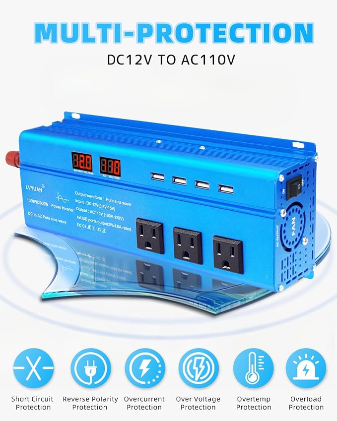 LVYUAN 1000 Watt Pure Sine Wave Inverter 12V to 110V 120V DC to AC - Image 3
