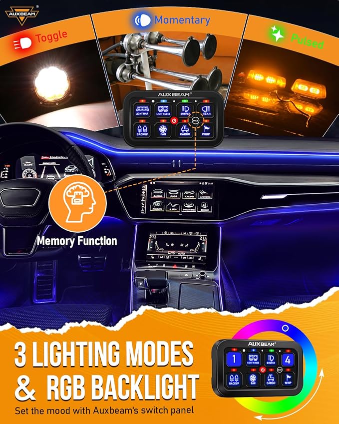 Auxbeam 8 Gang Switch Panel RA80 Auto-Dimmable RGB Switch Panel w/Momentary - Image 2