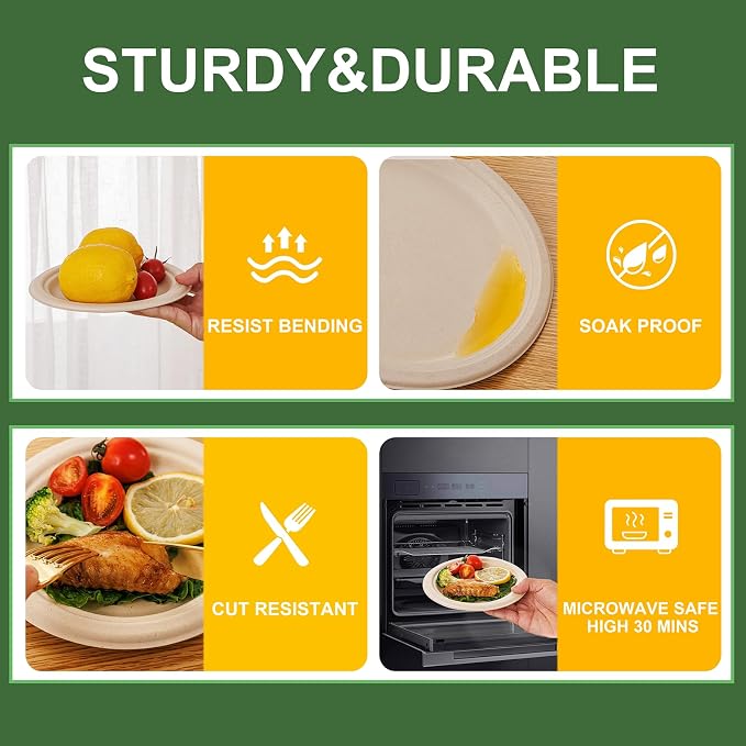 WELLIFE 100% Compostable Paper Plates 7 Inch, Biodegradable Bagasse, - Image 3