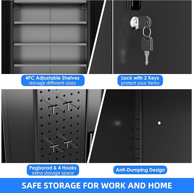 Metal Storage Cabinet with Wheels, Pegboard and 4 Hooks, Assembly Required - Image 4