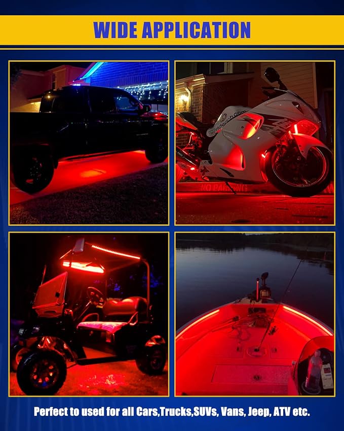 Red Car LED Strip Light, 24inch 12V Interior Light Strip IP68 Waterproof - Image 3