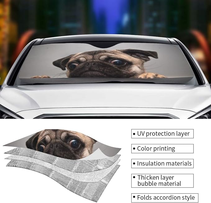 Pug Dog Car Windshield Sunshade Front Window Sun Visor Protector Foldable - Image 5