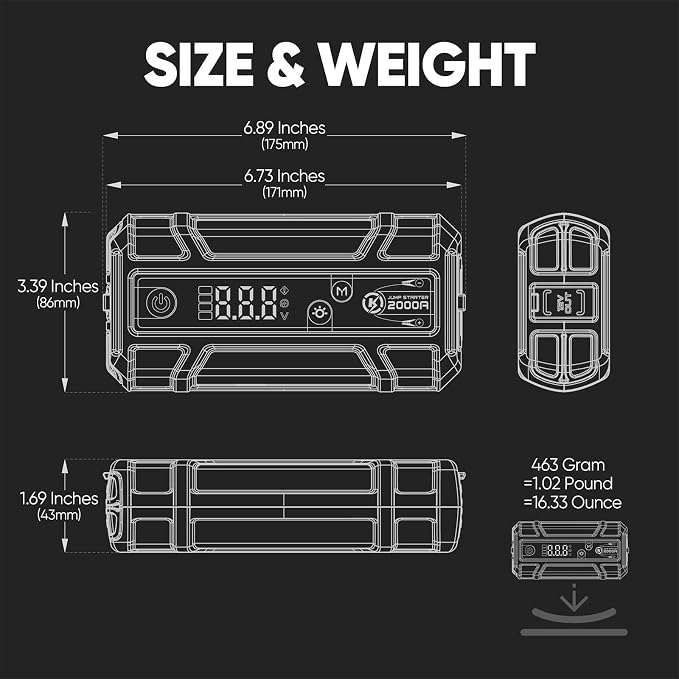 J400 2000A 12V Portable Lithium Jump Starter, Car Battery Booster Pack - Image 9