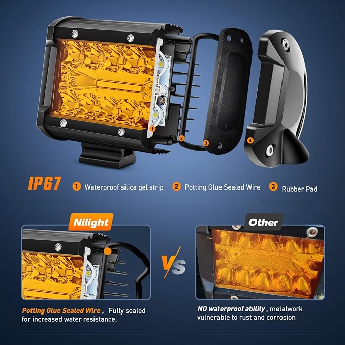 Nilight 2PC 4Inch Amber Led Pods Triple Row 60W Flood Spot Combo Driving Fog - Image 5