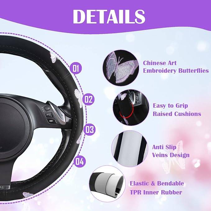 Car Pass Purple Embroidery Butterfly Steering Wheel Cover, Universal 15 Inch - Image 3